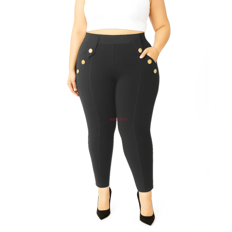 Vanda elastické strečové kalhoty s kapsami a zlatými knoflíky 