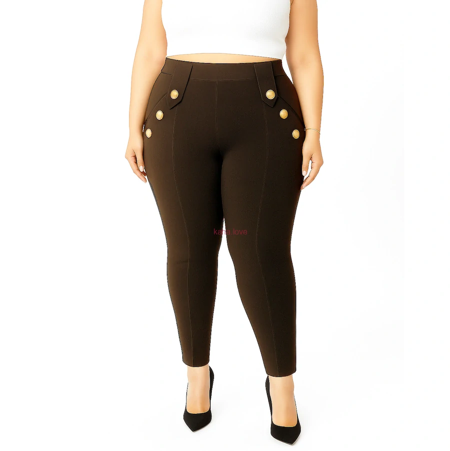 Vanda elastické strečové kalhoty s kapsami a zlatými knoflíky 