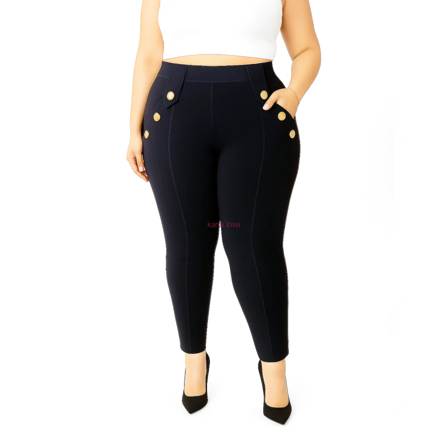 Vanda elastické strečové kalhoty s kapsami a zlatými knoflíky 